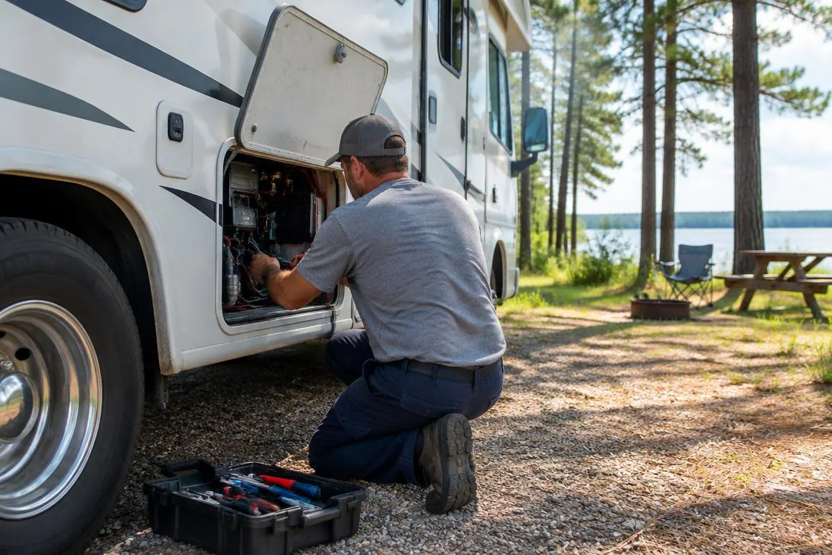 Mobile RV technician servicing an RV at a Southeast Texas campsite