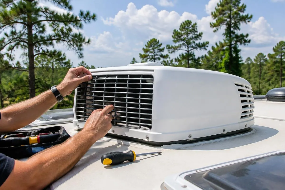 Rooftop RV air conditioner being checked under the Southeast Texas sun