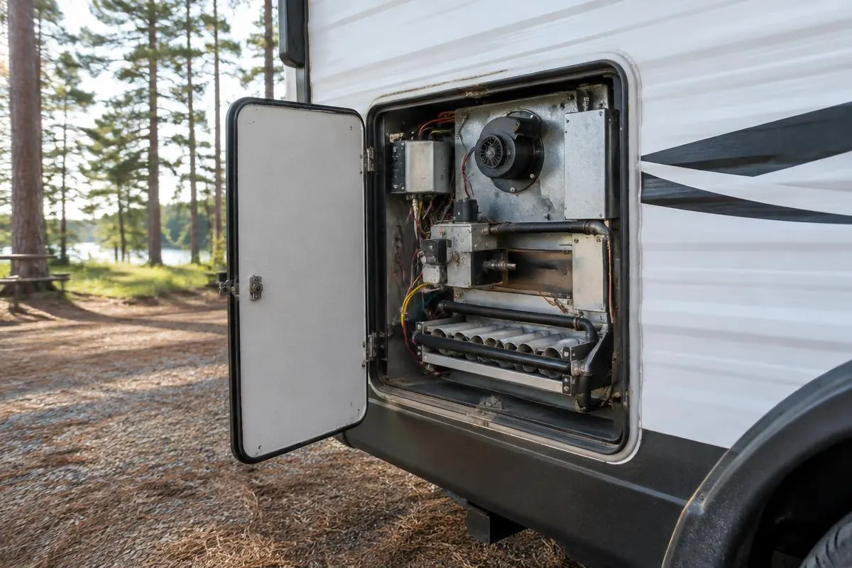 RV furnace access panel at a Southeast Texas campsite
