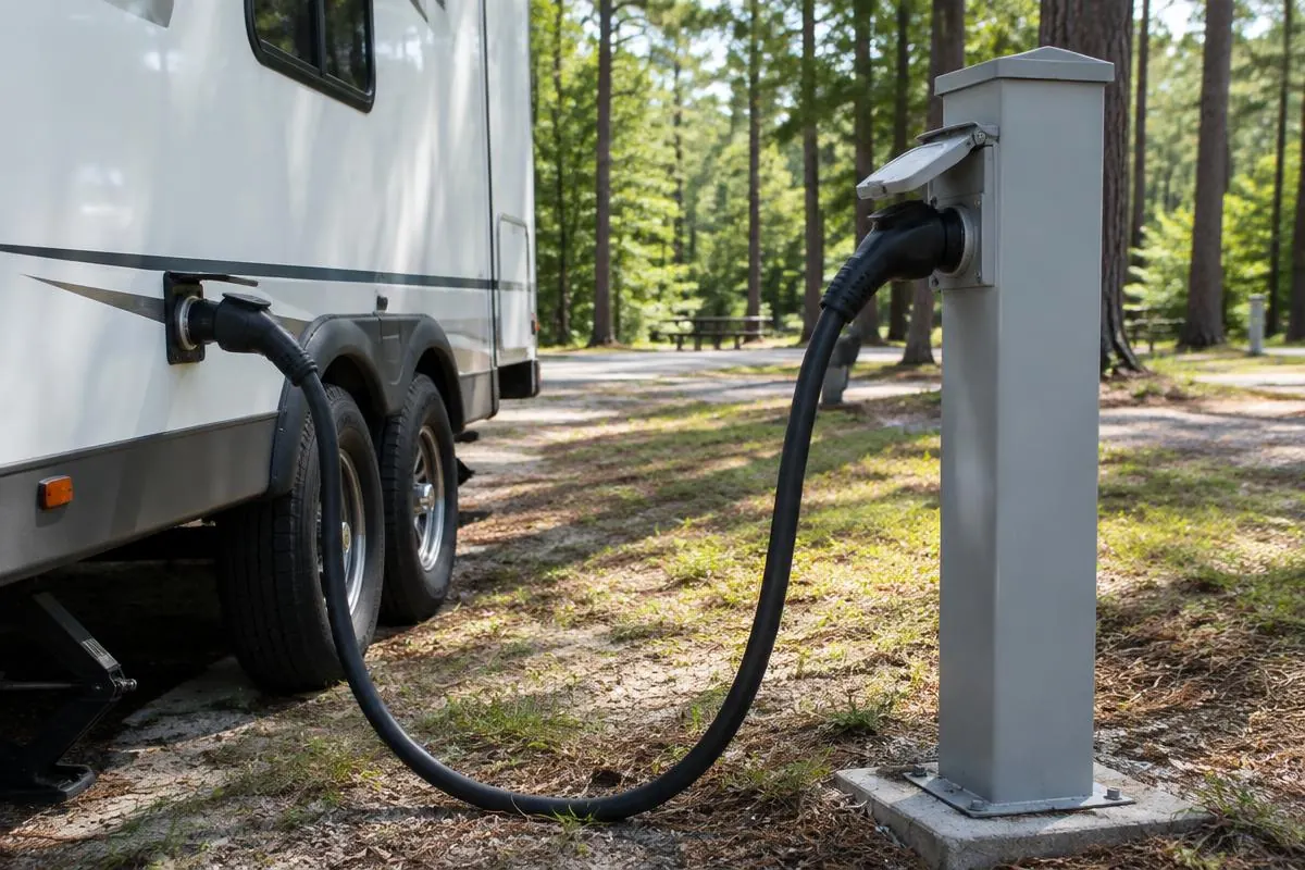 RV shore power cord connected to a wooded Texas campground pedestal