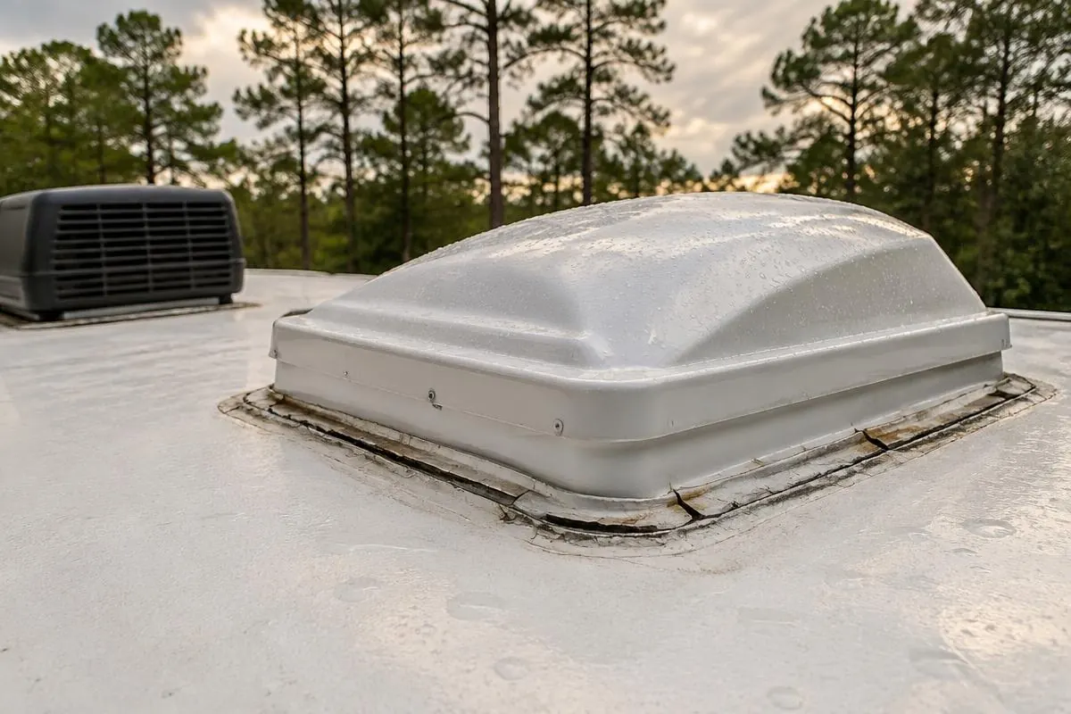 Worn sealant around an RV roof vent in Southeast Texas