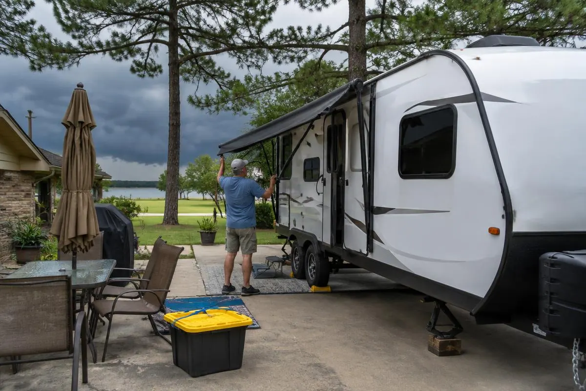 Travel trailer with awning being secured ahead of a Gulf Coast storm