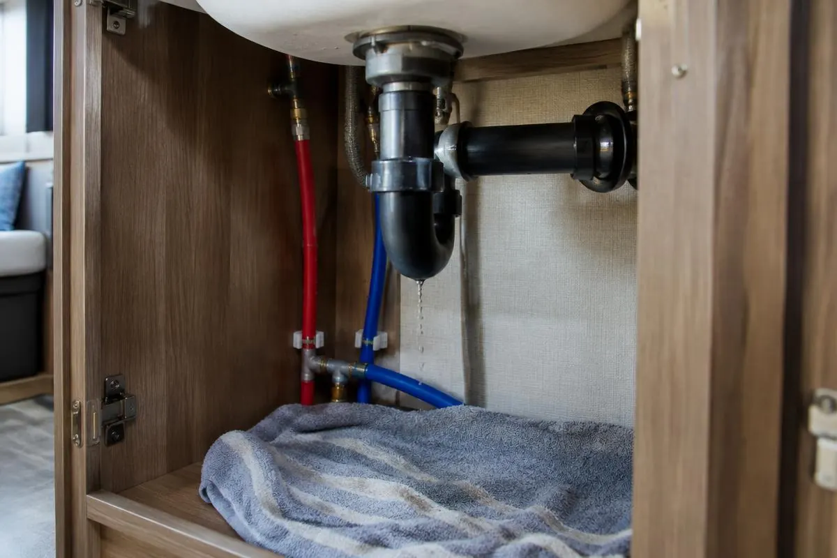 Small leak beneath an RV sink with freshwater lines visible