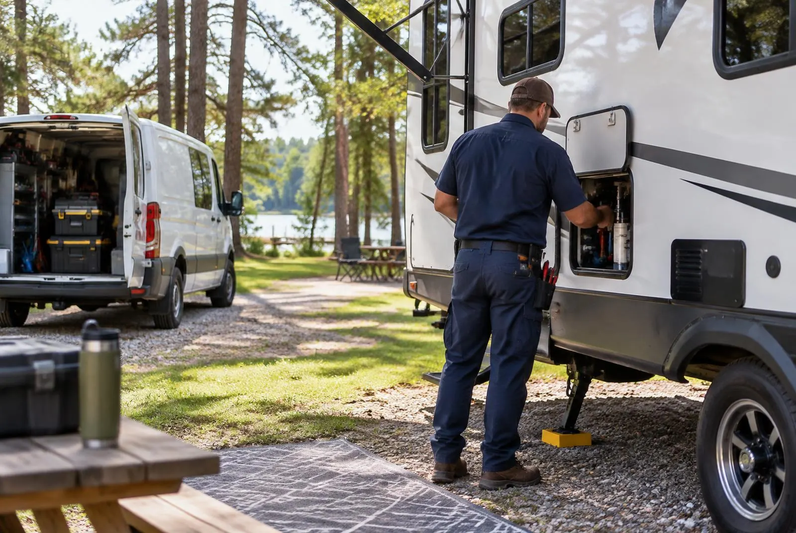 Mobile RV technician working at a campsite in Southeast Texas with a service van nearby